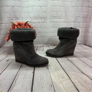 Women's Gray Suede Wedge Booties with Shearling Cuff
